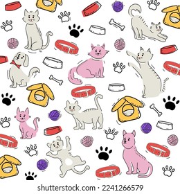Set of drawn cats and dogs in hand drawn style. Pattern. Modern design. Vector stock illustration. Bowls, houses, toys, pet collars
