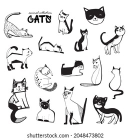 Set Of Drawn Cats. Silhouettes Of Kittens. Drawing Of Pets. Small Pets. Animals Of The Village And City. Ink Drawing