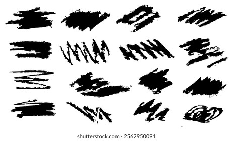 Set of drawn in chalk grunge black on white background, abstract geometric straight brush strokes and bold lines, grunge set of strokes for text, paintbrush vector collection for design