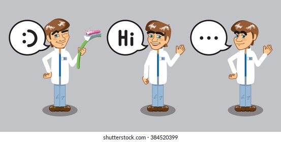 a set of drawn characters, a dentist in white coat, doctor