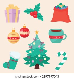 Set of drawn Christmas holiday elements Vector illustration.