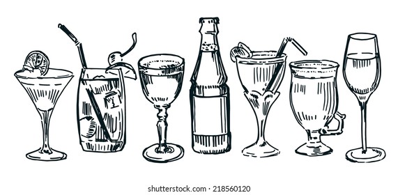 Set of drawn cocktails