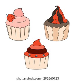 Set drawn colored doodles of cupcakes. Vector confectionery items for menu design, restaurant, cafe, recipe.