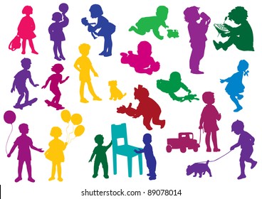 Set of  drawn colored silhouettes of children (kids) and, children play, dance, walk, drink from glass, study to walk, go for a walk with a dog, go for a drive on skateboards. Vector illustration.