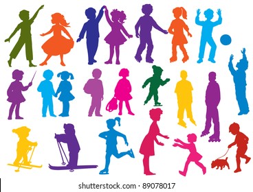 Set of  drawn colored silhouettes of children (kids) and mother and the girl, children play, dance, walk, go for a drive on rollers, play a ball, study, are friends, go for a drive on skis, skate.