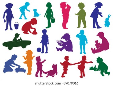 Set of  drawn colored silhouettes of children (kids) and, children play, dance, walk, drink from glass, move on child's car, play with a dog, cry. Vector illustration.