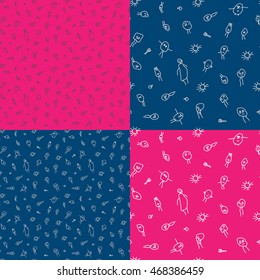 Set of drawn colorful seamless pattern with hand drawing family. Hand drawn art background. Child`s painting  design elements, vector.
