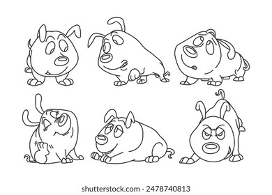 Set of drawn contour funny comical dogs. Design for coloring, sketch, vector
