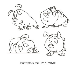 Set of drawn contour funny comical dogs. Design for coloring, sketch, vector