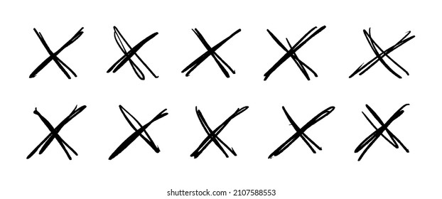 A set of drawn crosses. Scribble strikethrough markers isolated on white background. Doodle prohibition element. Vector illustration of a checkmark.