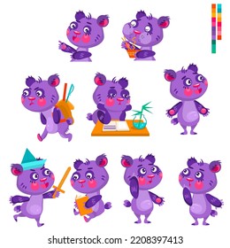 Set of drawn cute purple bears, can be used for branding and social networks. Make your own design. Vector character illustration.