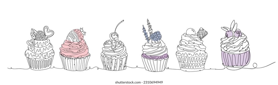 Set of drawn delicious cupcakes on white background