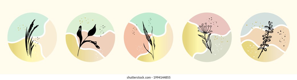 Set of Drawn Doodle Abstract in Circle Shape. Icons with Shapes,  and Wildflowers in trendy style for Social Networks Instagram. Vector illustration isolated