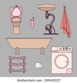 Set of drawn doodles of bathroom items. Objects isolated on gray background sink, toilet, towel, washing machine, shelf.  