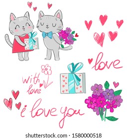 Set of drawn elements for Valentine's Day, greeting card design. Cats love vector stock illustration. Give gifts. Flowers. Letters.