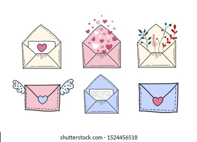 A set of drawn envelopes and letters. Vector color illustration of a love message. Freehand doodle drawing