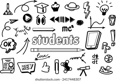 Conjunto de figuras extraídas de la vida estudiantil, fórmulas, gráficos, lápices, café, zapatillas, universidad, diploma, deportes
