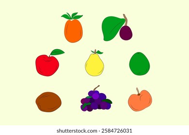 set of drawn flat fruits: mango, plum, apple, pear, avocado, grapes, peach, coconut