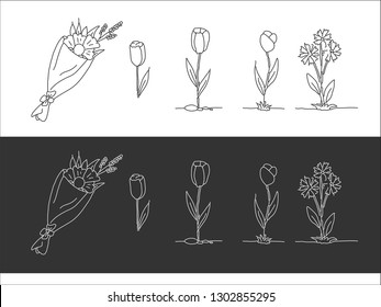A set of drawn flowers. Black and white options. Vector illustration