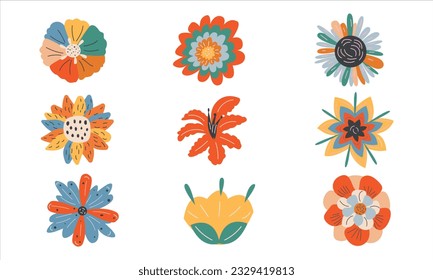 Satz gezogener Blumen. Zeichnen. Verschiedene bunte Blumen zum Zeichnen, Textilien. Innenmalerei. flaches Design. Handgezeichnete Mode, Vektorgrafik. Jede Blume ist isoliert.