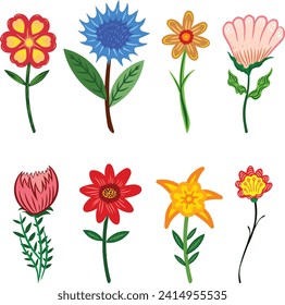 Set of drawn flowers. Drawing style. Various colorful flowers for drawing, textile. Interior painting. flat design. Hand drawn fashion vector illustration. Each flower is isolated.