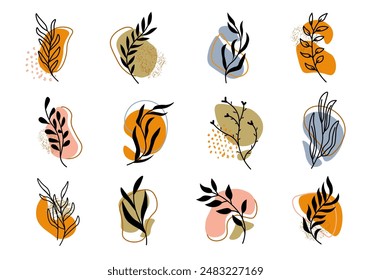 Set of drawn geometric shapes in flat cartoon design. A collection of different shapes and plant silhouettes, designed in a modern and abstract style. Vector illustration.