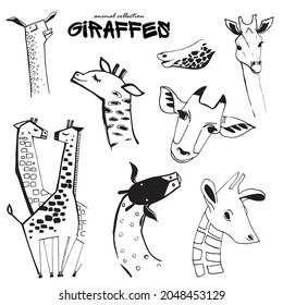 Set of drawn giraffes. Silhouettes of giraffes. Drawing of wild animals of Africa. Zoo animals. Ink drawing