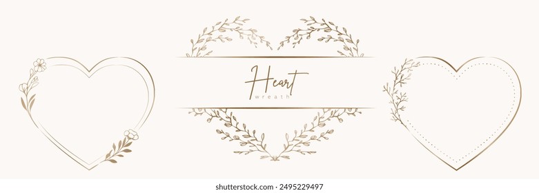 Set of drawn gold floral heart wreath and leaves. Flower branch botanical frame for monogram, wedding logo, invitation, postcard, and more. Vintage ornament illustration isolated on white background.