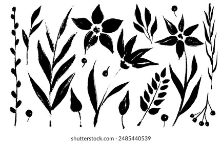 Set of drawn with grunge brush plants. Collection of flowers, leaves, berries, floral stems. Primitive wild plants. Black and white botanical elements. Simple style plants 2