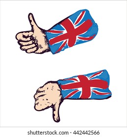 Set of drawn hands with british flag gesturing thumbs up and down, isolated on white