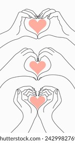 set of drawn hands holding heart shaped hands in line style. Suitable for International Women's Day. Vector illustration for social networks, banners, cards, prints. Editable stroke