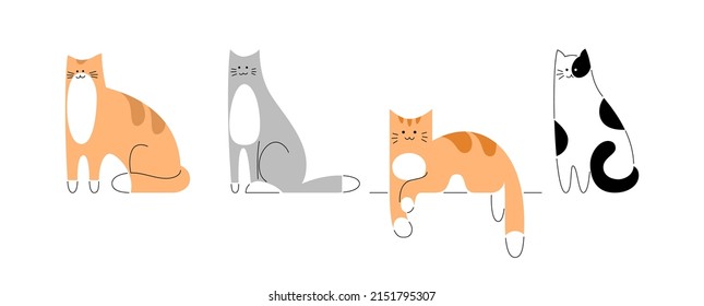 Set of drawn happy cats in different colors in flat cartoon style. Isolated illustration of cute funny kitten. Vector template with outline. Ginger, red, gray, spotted cat lies and sits.