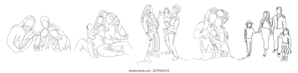 Set of drawn happy families on white background