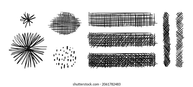 Set of drawn hatching circles and rectangles. Doodle hand drawn hatched strikethrough. Scribble symbols crossing lines. Vector stock illustration isolated on white.