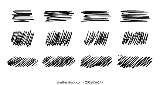 Set of drawn hatching lines diagonal, vertical or parallel strokes. A set of hand drawn hatched strikethrough doodles. Vector stock illustration isolated on white.