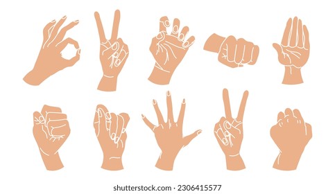 Set of drawn human hands. A set of hands in a collection of various gestures. illustration, vector	
