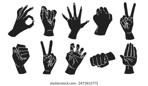 Set of drawn human hands. A set of hands in a collection of various gestures. illustration, vector