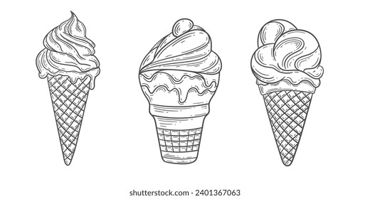 Set of drawn ice cream. Dessert and party, bakery and caramel product, holiday and birthday. Ice-cream in cone waffle.Vector illustration.