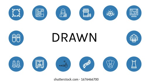 Set of drawn icons. Such as Floral design, Tic tac toe, Makeup artist, Analgesic, Sketch, Fins, d printing, Pipe of peace, Scolopendra, Shell, Nightgown, Sneakers , drawn icons