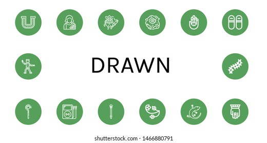 Set of drawn icons such as Horseshoe, Makeup artist, Drawing, Shell, Hamsa, Sneakers, Sceptre, Mp player, Floral design, Lizard, Funky, Scolopendra , drawn