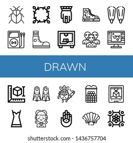 Set of drawn icons such as Stink bug, Mp player, Floral design, Sneakers, Hamsa, d printing, Alien, Fins, Sketch, d printer, Nightgown, Hippie, Drawing, Cheese balls, Shell , drawn