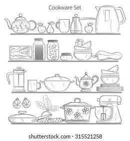 Set of drawn kitchenware. Kitchen background. Vector illustration