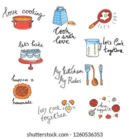 Set of drawn labels of kitchen utensils and food with beautiful inscriptions.