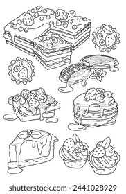 set of drawn linear black and white sweet pastries and desserts
