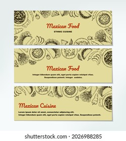 Set of and drawn Mexican food horizontal banners. Vector illustration in sketch style