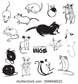 Set of drawn mice. Silhouettes of mice and rats. Drawing of village animals. Small rodents. Animals of the forest. Ink drawing