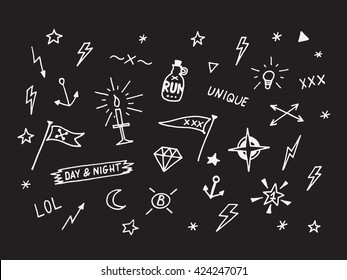Set of drawn old school tattoo elements. Black and white.