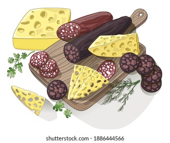 Set. Drawn on the kitchen board are two sticks of sausage, half a head of cheese, slices of cheese and sausage, and sprigs of dill and parsley. Cartoon style illustration isolated on white background.