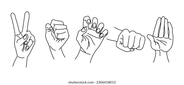 Set of drawn outlines of human hands. Set of hands in a collection of various gestures, vector illustration in the style of a simple linear doodle sketch