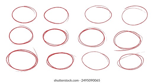 Set of drawn oval red circles in different shapes. Handmade scratch illustrations. Highlight vector icons